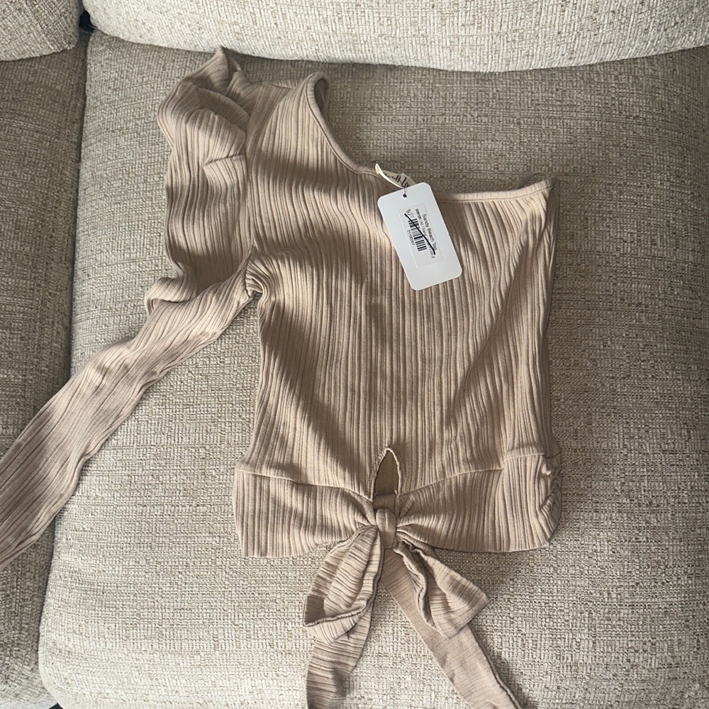 Peach Love California Tan Ribbed One-Shoulder Blouse